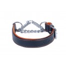 Adjustable PADDED Half check / Martingale Leather Dog Collar - Black with Tan Lining. (Stainless Steel Chain)